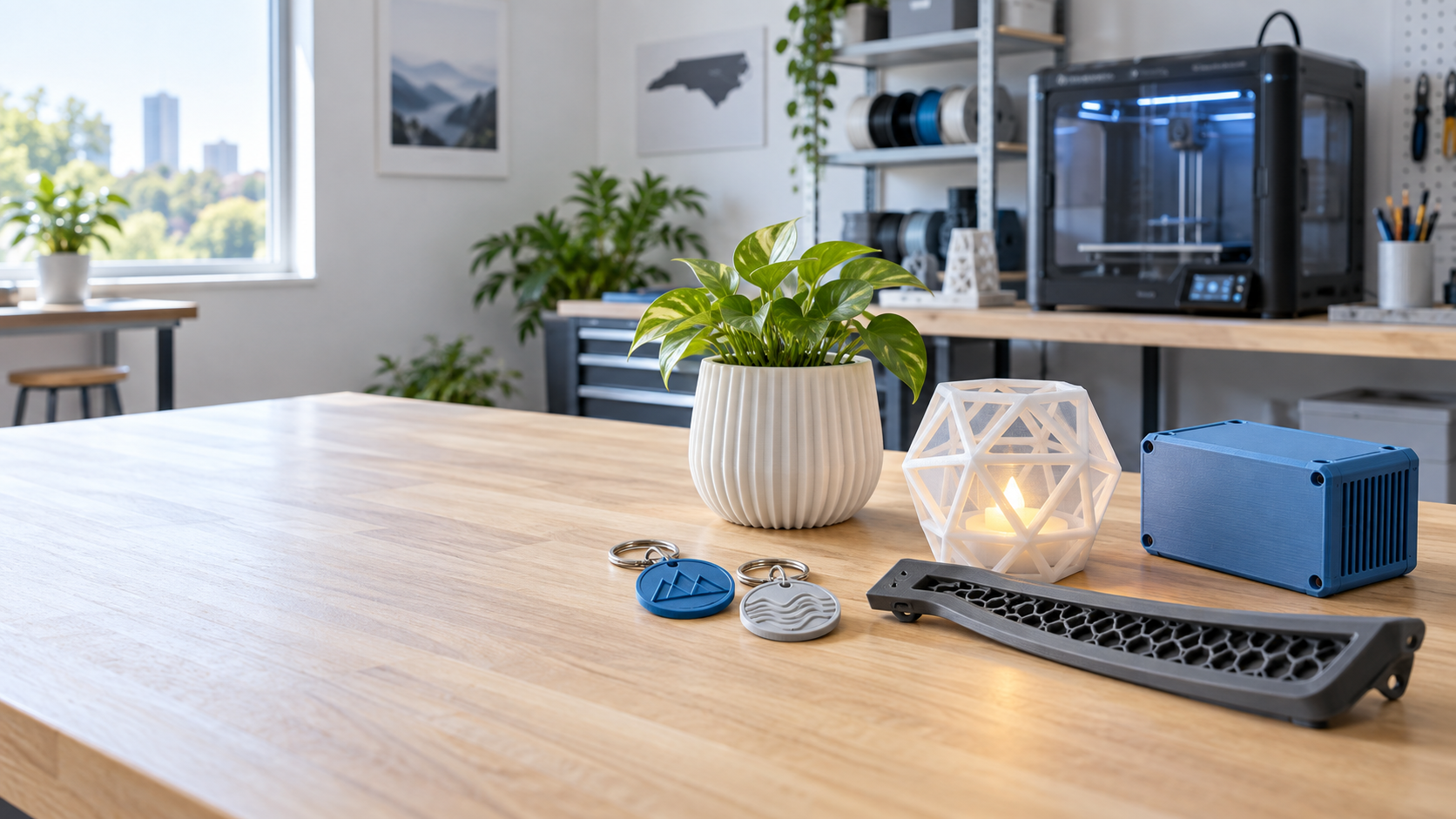 A bright Made It 3D studio with printed keychains, home decor, a functional enclosure, and a custom automotive component