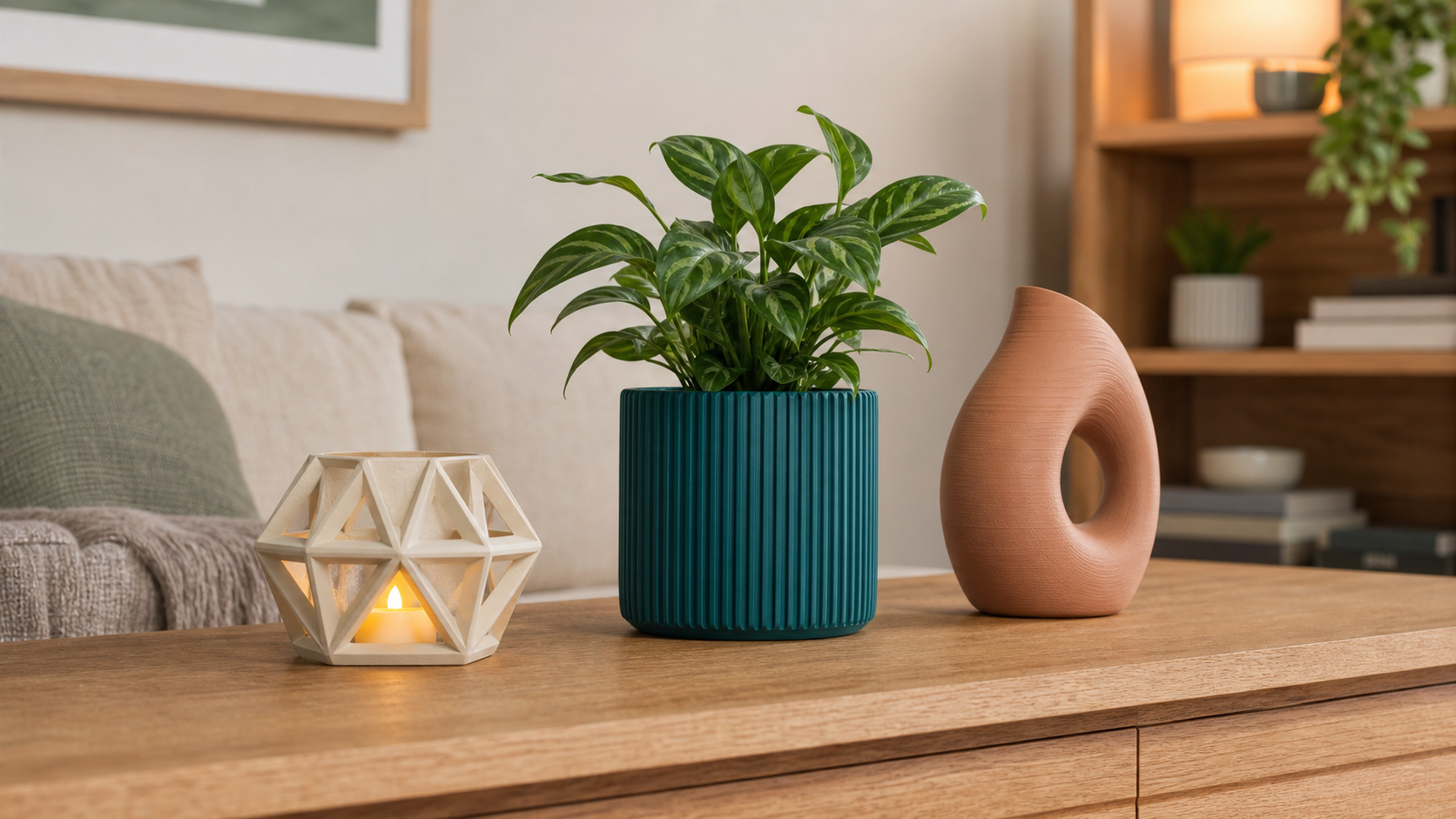 A warm home interior featuring a 3D-printed ivory tealight holder, deep teal ribbed planter, and terracotta sculptural home decor