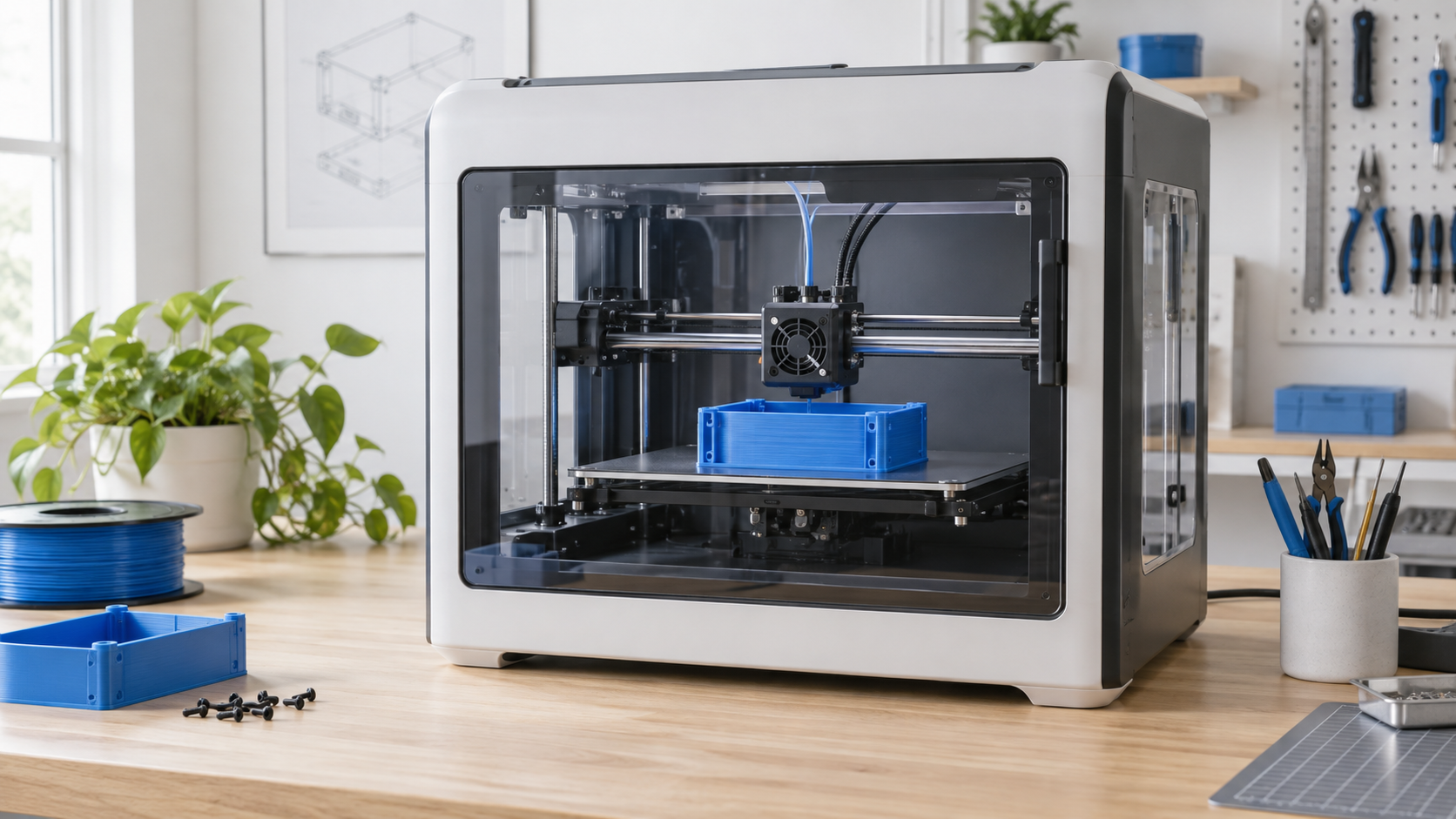 An enclosed professional 3D printer producing a blue functional enclosure in a bright organized studio