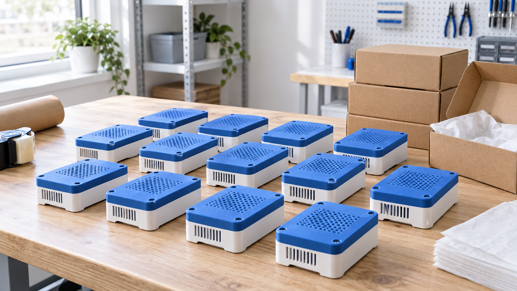 A consistent production run of matching blue and white enclosures prepared for packaging